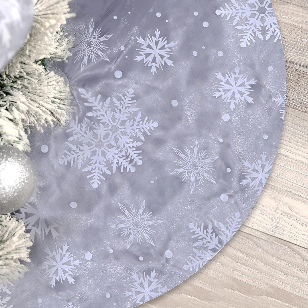 Flash World 36 Inch Large Christmas Tree Skirt Xmas Soft Cover Mat Decor Snowflake Collar Farmhouse Tree Skirt for Holiday Ornaments Party Home Indoor Decorations (Flocking Grey, 36INCH)