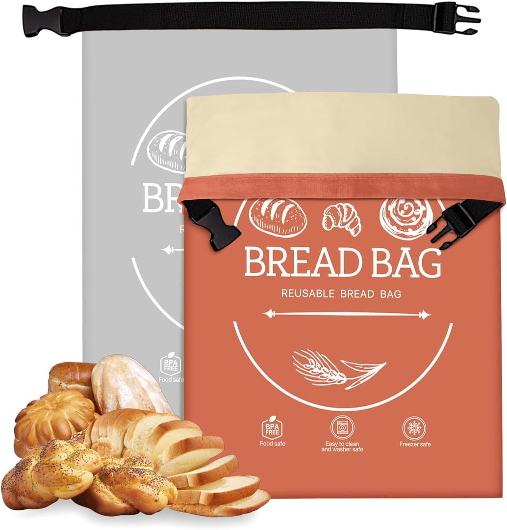 Bread Bags for Homemade, Beeswax Reusable Bread Bag for Sourdough 2-Pack, XL-Reusable Waxed Food Storage Bag to Keep Sourdough Fresh, Freezer-Safe, Eco-Friendly (Orange & Grey)