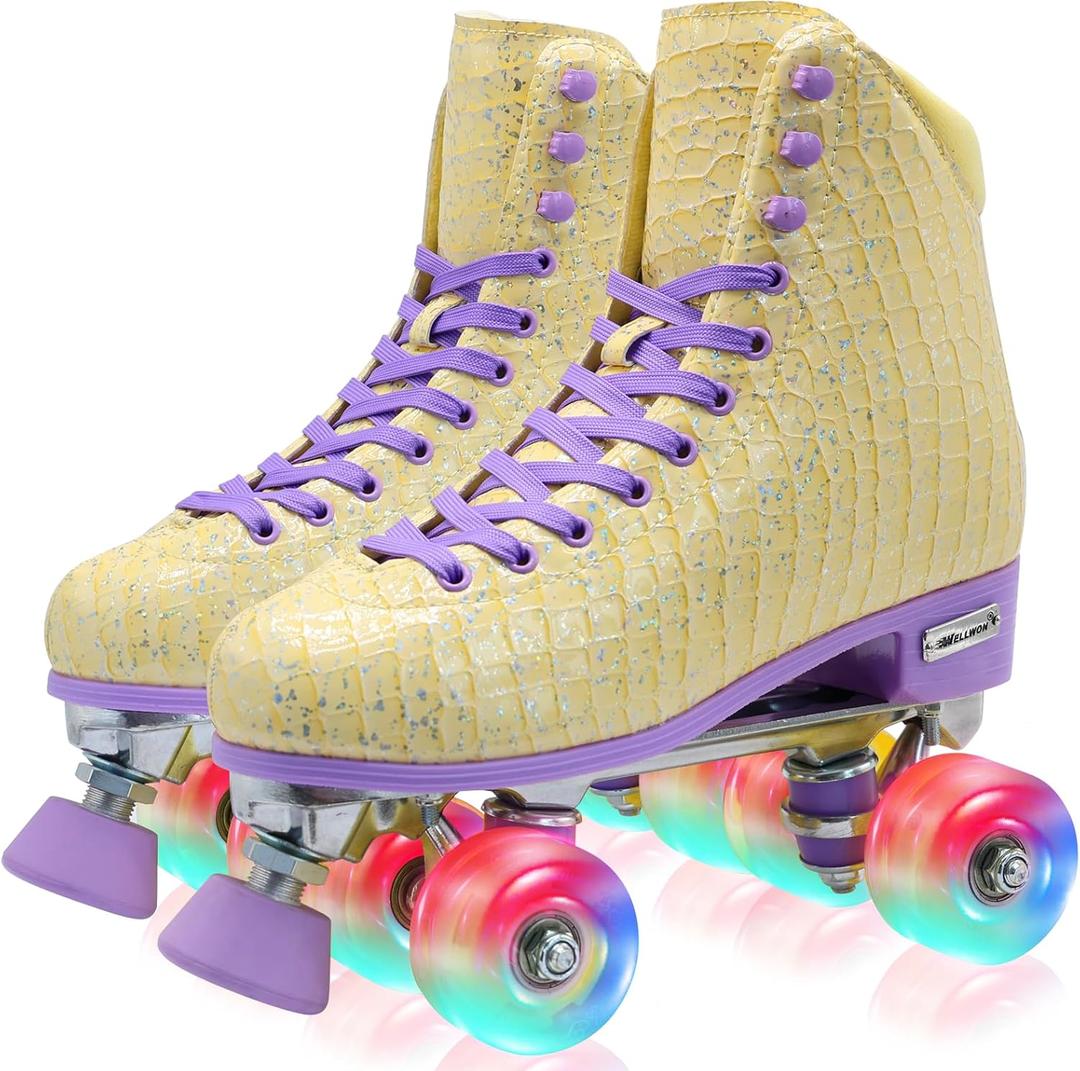 Roller Skate for Women Girls and Kids, High-top Double Row-Classic Rollerskates, Indoor Outdoor Roller Skates for Beginner Ladies with Light-up Wheels (Yellow) US Women's 10.5/ Men's 9