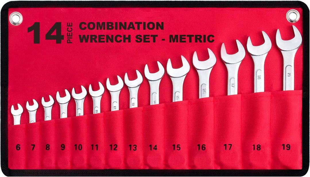 14-Piece Essential Metric Combination Wrench Set in Roll-up Pouch, No Skipped Metric Sizes 6mm - 19mm | Best Value Wrench Set, Ideal for General Household, Garage, Workshop, Auto Repairs, Emergency (14-Piece Metric Set)