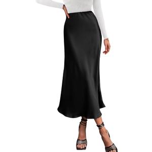 BTFBM 2026 Womens Spring Summer Long Satin Skirt Silk Elegant High Waist Cocktail Party Wedding Flowy A-Line Midi Skirts(Black, Small)