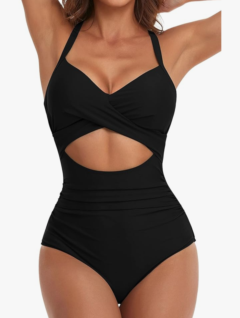 Eomenie Women's One Piece Swimsuits Tummy Control Cutout High Waisted Bathing Suit Wrap Tie Back 1 Piece Swimsuit, S