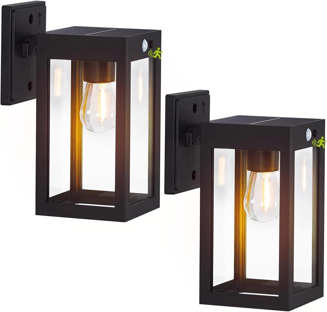 2 Pack Solar Porch Lights Outdoor,Solar Wall Lights with 3 Lighting Modes&Motion Sensor, Dusk to Dawn Sconce Lights Wall Mount,Exterior Wall Lantern Light Fixture for House, Garage,Patio,Shed (Black)