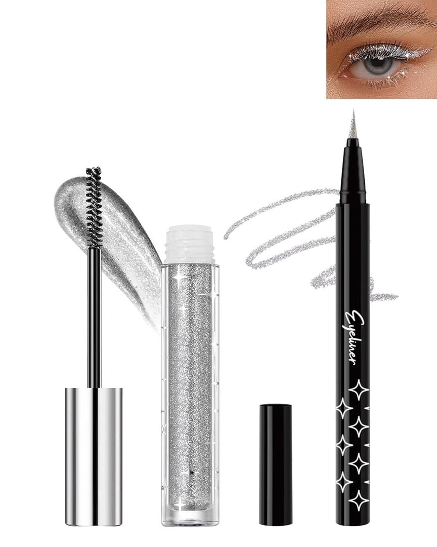 Silver Glitter Mascara + Eyeliner Pen Set, Shimmer Volume Colorful Mascara, Sparkling Liquid Eyeliner, Waterproof, High-Pigmented, All-Day Wear Shine Eye Makeup for Dazzling Looks