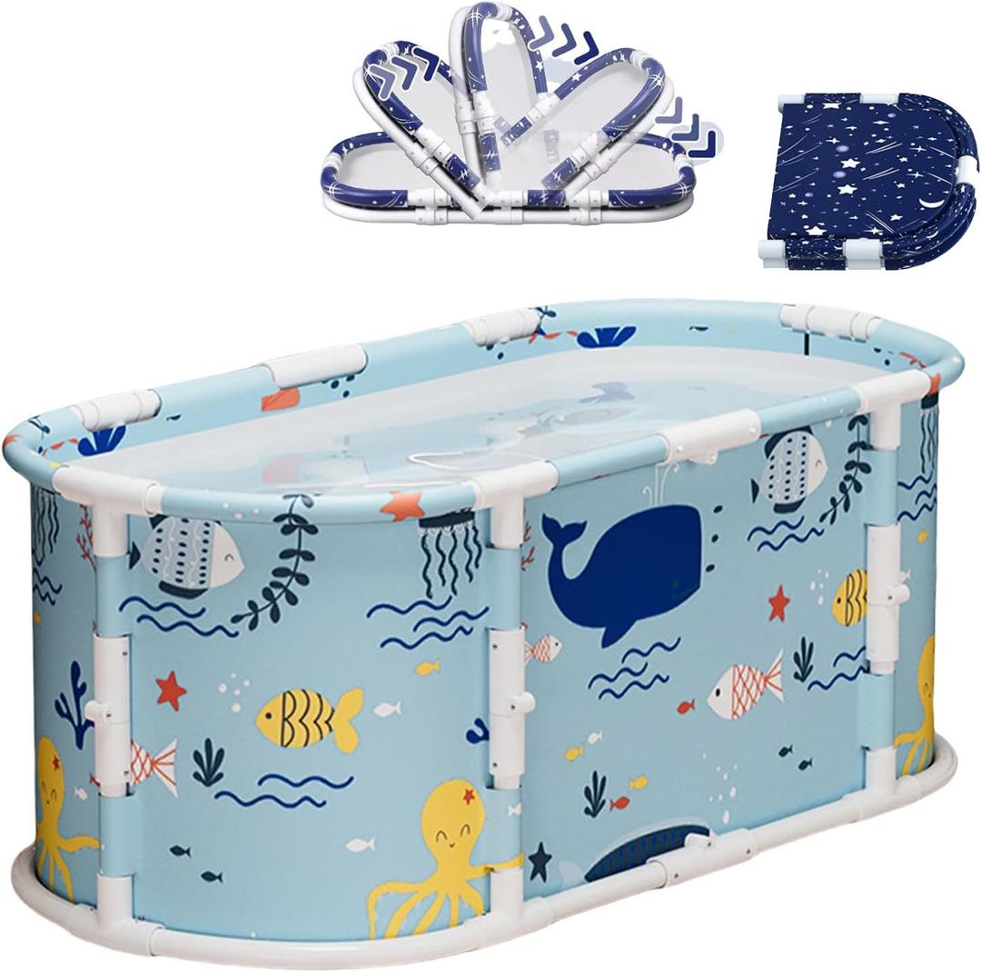 45" Portable Bath Tub No Installation, Foldable Bathtub for Adults, Non-Inflatable Ice Folding Bathubs, Separate Hot SPA Tub for Shower Stall, Family Soaking Baths (Ocean Fish Pattern)