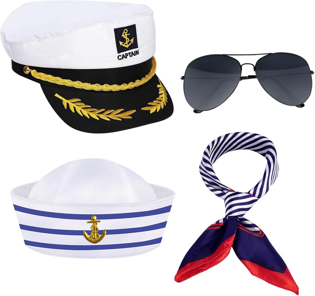 4PCS Yacht Captain Hat Sailor Hat Sunglasses Sailor Ship Cap Scarf Cap, Boat Captain Accessories for Women Men Party Dress Up