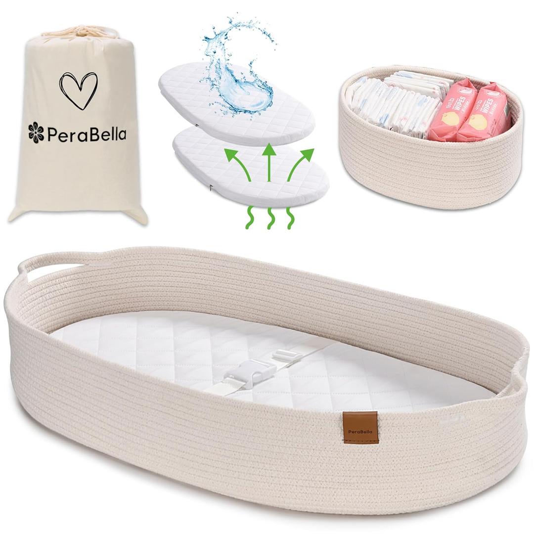 Baby Changing Basket for Baby Dresser, Moses Basket for Babies, Cotton Rope Diaper Changing Basket, Unisex Baby Moses Basket, Foam Diaper Changing Pad for Dresser, Changing Table Topper for Dresser (Silky White)