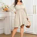 SCOMCHIC Women Plus Size Fall Dresses Long Sleeve Square Neck Ruffle Hem Flowy A-Line Cocktail Wedding Guest Mini Short Dress (Gray, XXXL)