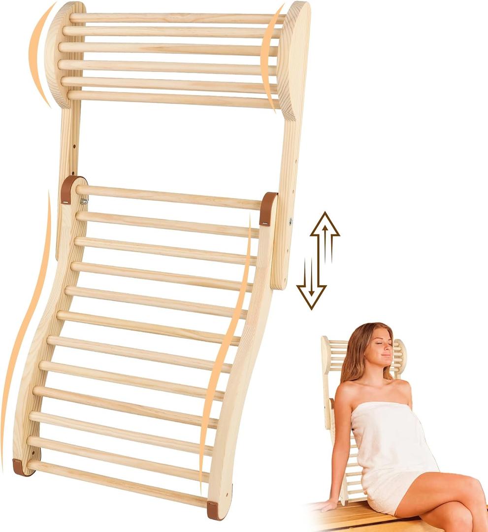 Sauna Backrest Infrared Sauna Backrest Accessories with Adjustable Pillow Wooden Slip-Resistant Non-Toxic Comfortable S-Shape Design Sauna Chair for Any Barrel or Infrared Sauna