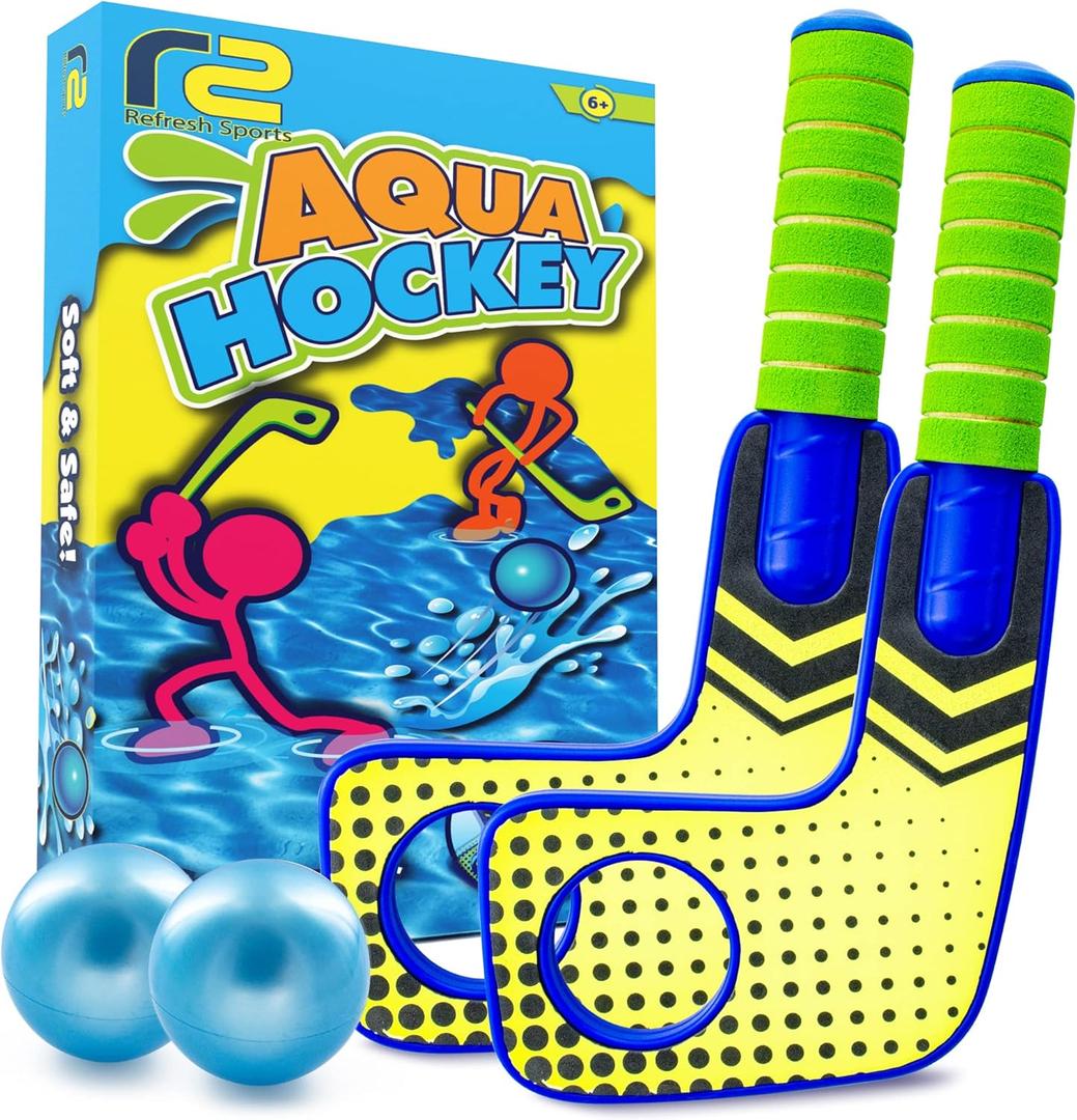 Fun Mini Hockey Sticks Game - Play at the Pool & Beach or in Home - For Kids & Adults All Ages - Use The Floating Soft Paddles to Shoot the Water Skipping Balls - Comes With 2 Sticks & 2 Balls