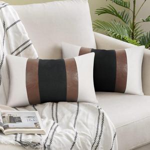 JASEN Set of 2 Faux Leather Pillow Cover 12x20, Black and White Decorative Throw Pillow Covers Brown Modern Stripe Accent Cushion Cover Couch Bed Sofa