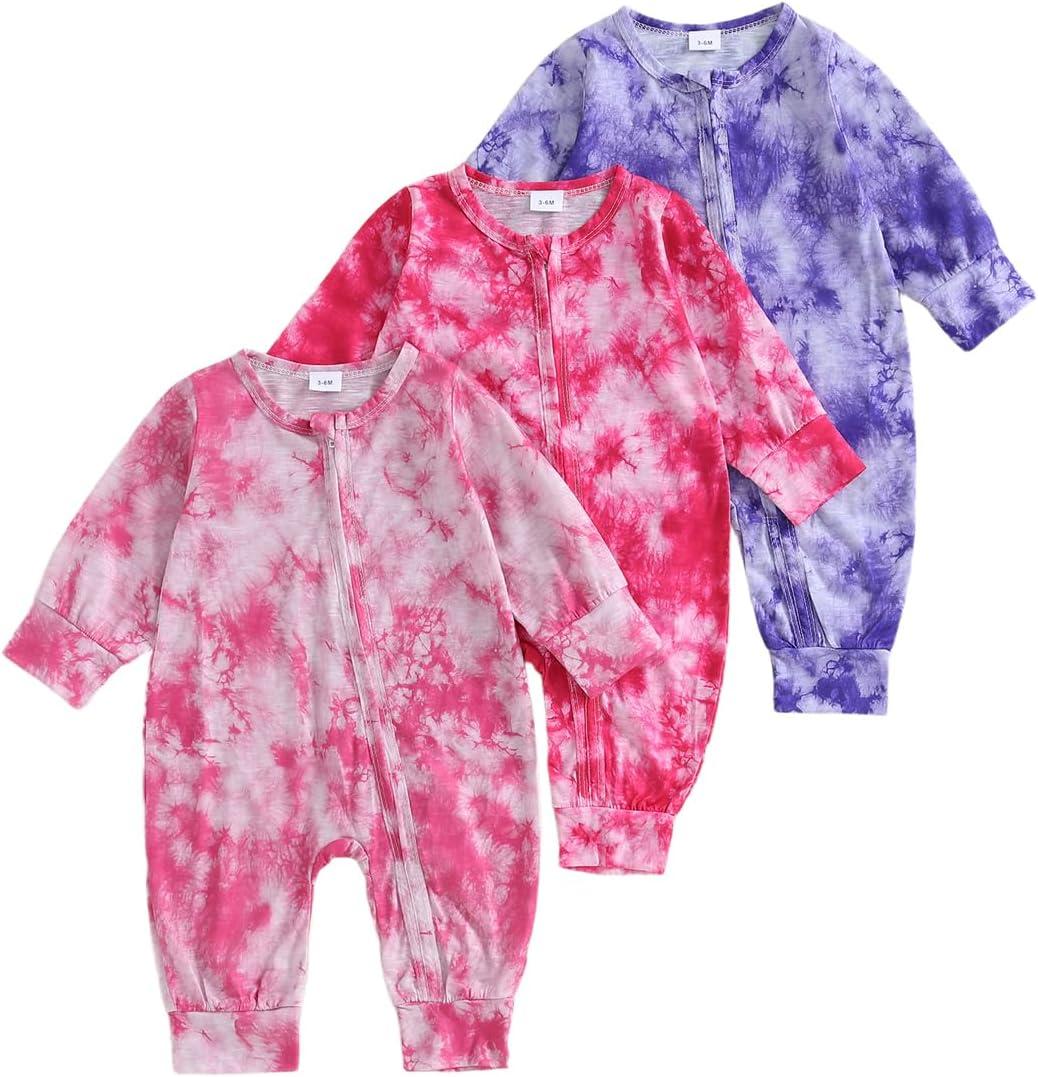 2 x Infant Baby Boys Girls 3 Pack Footless Rompers Long Sleeve Tie Dye Zip-up Jumpsuit Fall Clothes 3pcs Outfit Set