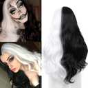 Fancy Hair Half Black Half White Long Curly Wavy Wigs Synthetic Long wavy Wig Daily Party Cosplay Wigs for Black Women 26"