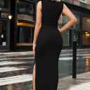 HUUSA Womens Two Piece Outfits Summer Bodycon Sleeveless Crewneck Crop Tank Tops Ribbed Split Long Skirt Dress Set (Black, S)