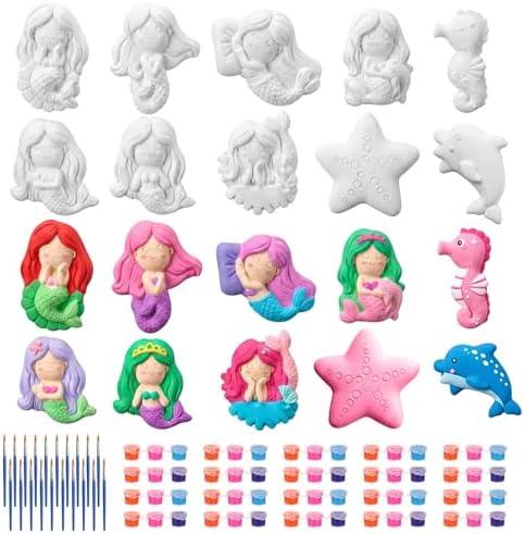 20 Set Mermaid Ceramic Painting Kit Mermaid Party Favors Include Unpainted Statues Brushes and Acrylic Paints DIY Ceramic to Paint Arts and Crafts for Adults Art Supplies Under The Sea Party Favors 