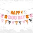 Happy BOO Day Banner, Pre-assembled Pink Ghost Birthday Decorations Glittery Halloween Party Supplies for Mantle Fireplace Girl Baby Shower