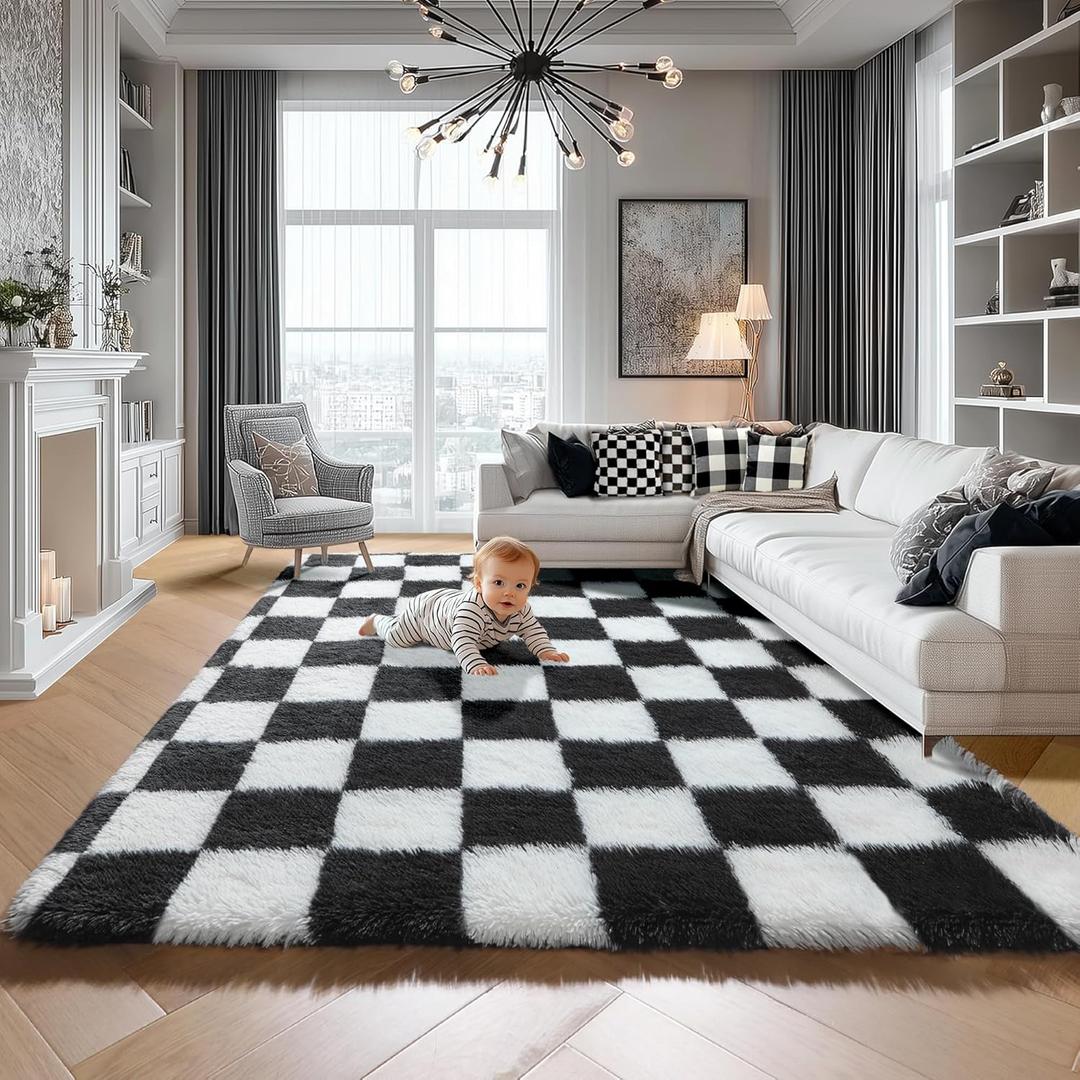 KICMOR 5x7 Rug for Living Room Bedroom, Fluffy Black and White Area Rug Fuzzy Shaggy Floor Carpets, Big Large Soft Plush Checkered Rugs for Kids Girls Boys Room Dorm Nursery, Home Decor Aesthetic