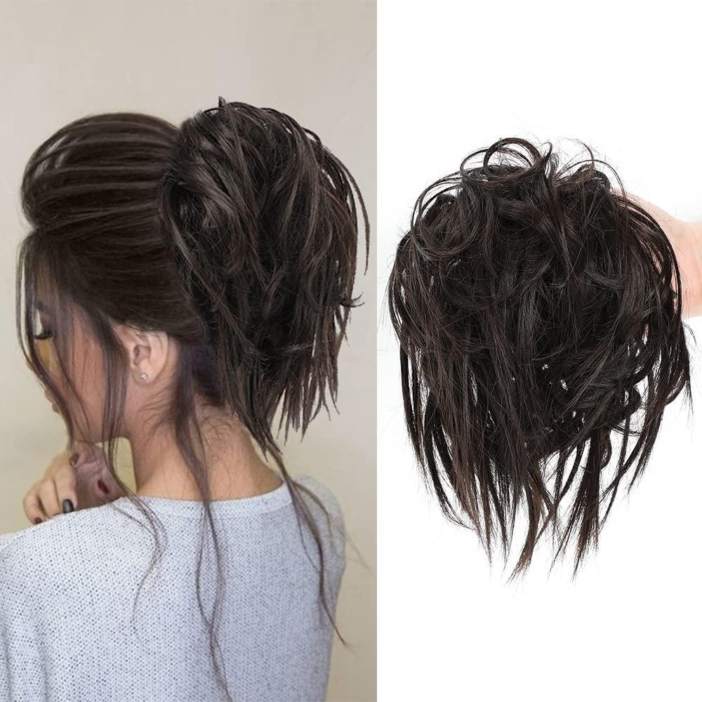 KETHBE Messy Bun Hair Piece,Synthetic Tousled updo Short Ponytail Faux Hair Scrunchie with Elastic Rubber Band Fake Hair Bun for Women (Dark Brown)