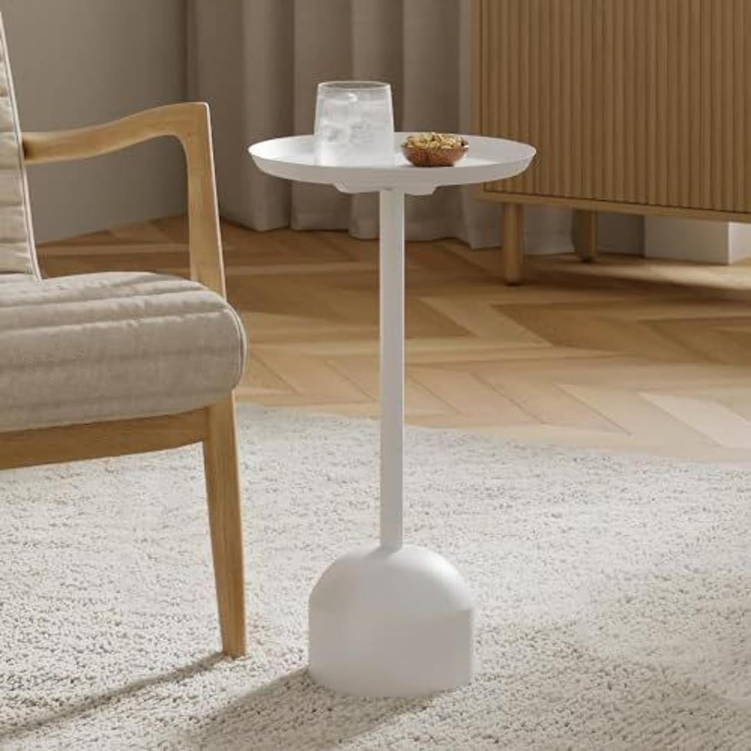 Round Metal Drink Table, Pedestal Drink Desk, Modern Home, Bedroom, and Living Room Furniture, Versatile Small Metal Side Table with Dome Base and Beveled Top (White Pedestal Stand)