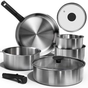 CAROTE Pots and Pans Set, Tri- Ply Stainless Steel Cookware Set Detachable Handle, 9pcs Induction Kitchen Cookware Sets with Removable Handle, RV Cookware Set, Oven Safe (Brushed Black)