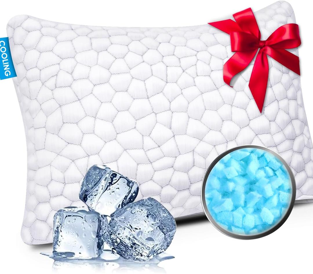 Cooling Pillow Standard Size 1 Pack, Adjustable Bed Pillows for Sleeping, Luxury Shredded Memory Foam Pillows, Soft and Supportive Firm Pillow for Side,Back, Stomach Sleepers, Gifts for Hot Sleepers (Original White (Cooling))