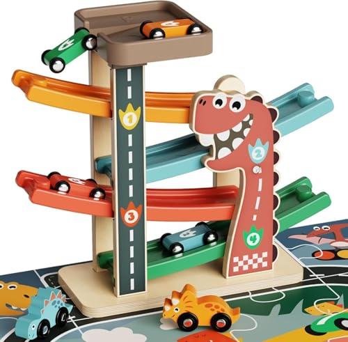 Paisure Wooden Car Ramp Toy for Toddlers 1-3, Montessori Toy with 6 Cars (Dinosaur & Racing), 4-Level Car Ramp Race Track, Toddler Toy & 1 Year Old Birthday Gift