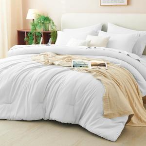 CozyLux Queen Comforter Set White, 7 Pieces Bed in a Bag Queen Comforter Set with Sheets, Luxury Soft Bedding Sets with Down Alternative Comforter, Fitted Sheet, Flat Sheet, Pillowcases & Shams
