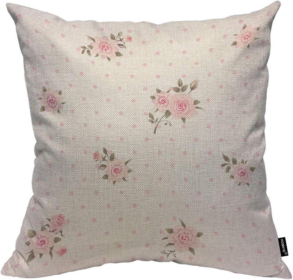 HOSNYE Floral Polka Dot Background Throw Pillow Case Cushion Covers Shabby Chic Style Pattern with Pink Roses Cotton Linen for Couch Bed Sofa Car Waist 20 x 20 inch