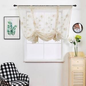 LeLehome Tie up Balloon Window Curtain 1 Panel, 63" Long Light Filtering Window Treatment Sheer Curtain Linen Embroidery Beige Flowers Rod Pocket for Kitchen Bedroom Home Decoration