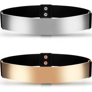 Chuangdi 2 Pcs Mirror Belt for Women Metal Waist Belt Shiny Polished Gold Silver Mirror Stretch for Dress Fashion
