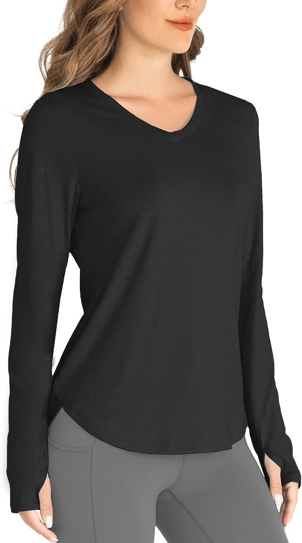 Hiverlay Long Sleeve Workout Shirts for Women V Neck UPF 50+ Athletic Shirts with Thumbhole Running Loose Active T-Shirts (Black, S)