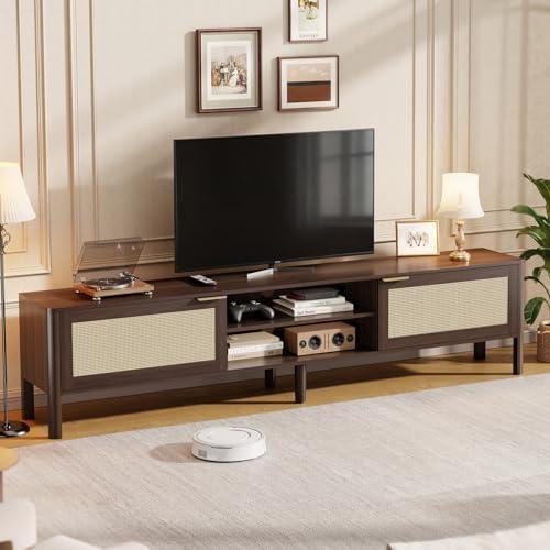 IKALIFE Rattan TV Stand for Living Room Walnut 58" | TV console, Media Console Table with Adjustable Shelves, Mid-Century Modern Entertainment Center