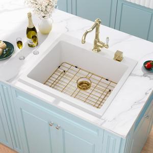 25 Inch White Drop In Kitchen Sink 25"x22" Granite Composite Sink, 25x22x10-topmount-Gold Accessories