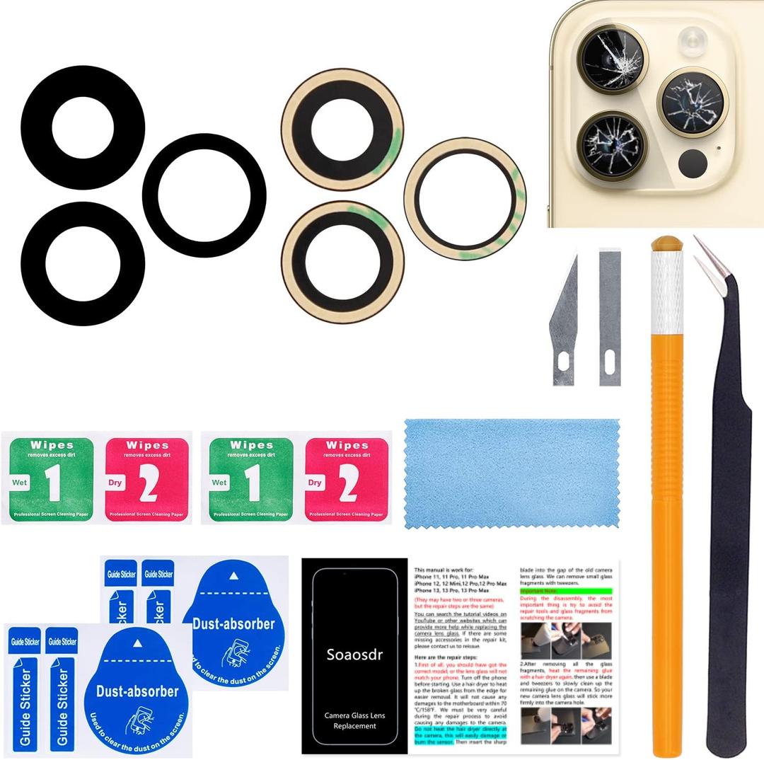 Original Back Rear Camera Lens Glass Replacement for iPhone 14 Pro 6.1 inch and iPhone 14 Pro Max 6.7 inch with pre-Installed Adhesive+Reparing Toolkit+Installation Manual