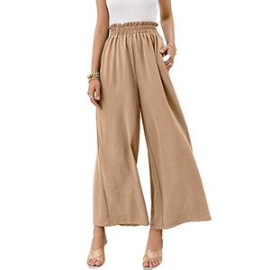 Eteviolet Women's Boho High Waisted Palazzo Pants Summer Beach Wide Leg Flowy Pants(Khaki,L)