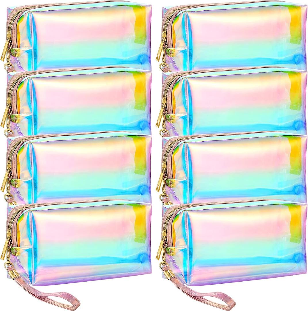 Dunzy 8 Pcs Holographic Iridescent Clear Makeup Bags with Zipper Travel Cosmetic Pouches with Wrist Loop Waterproof Toiletry Organizer Case Home Office Beach Pouch Purse Diaper Vacation Gift Bag(M)