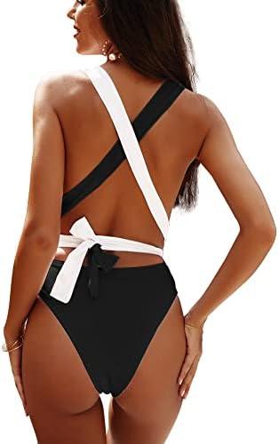 Lilosy Sexy Push Up Plunge Backless High Cut Leg Thong Cheeky Brazilian 1 One Piece Bikini Swimsuit Women Open Back Bathing Suit Self Tie Criss Cross Monokini Black and White X-Small