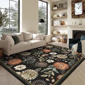 GarveeHome 8x10 Floral Washable Area Rug: Large Living Room Area Rug with Non-Slip Backing Washable Ultra Soft Bedroom Floral Carpet Indoor Stain Resistant Carpet for Dining Room 8 * 10 ft Black GarveeHome 8x10 Floral Washable Area Rug: Large Living Room Area Rug with Non-Slip Backing Washable Ultra Soft Bedroom Floral Carpet Indoor Stain Resistant Carpet for Dining Room 8 * 10 ft Black