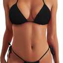 Women's Thong String Bikini Set Sexy Brazilian Cheeky Two Piece Triangle Halter Swimsuit Bathing Suits (Black, M)