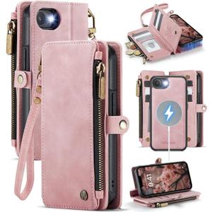 Defencase for iPhone 17e/16e Case Wallet Compatible with Magsafe, Rose Pink | Drop-Proof Magnetic Detachable Phone Cases Cover, with RFID Bolcking Card Holder, Zipper Strap, PU Leather, Removable Wallet