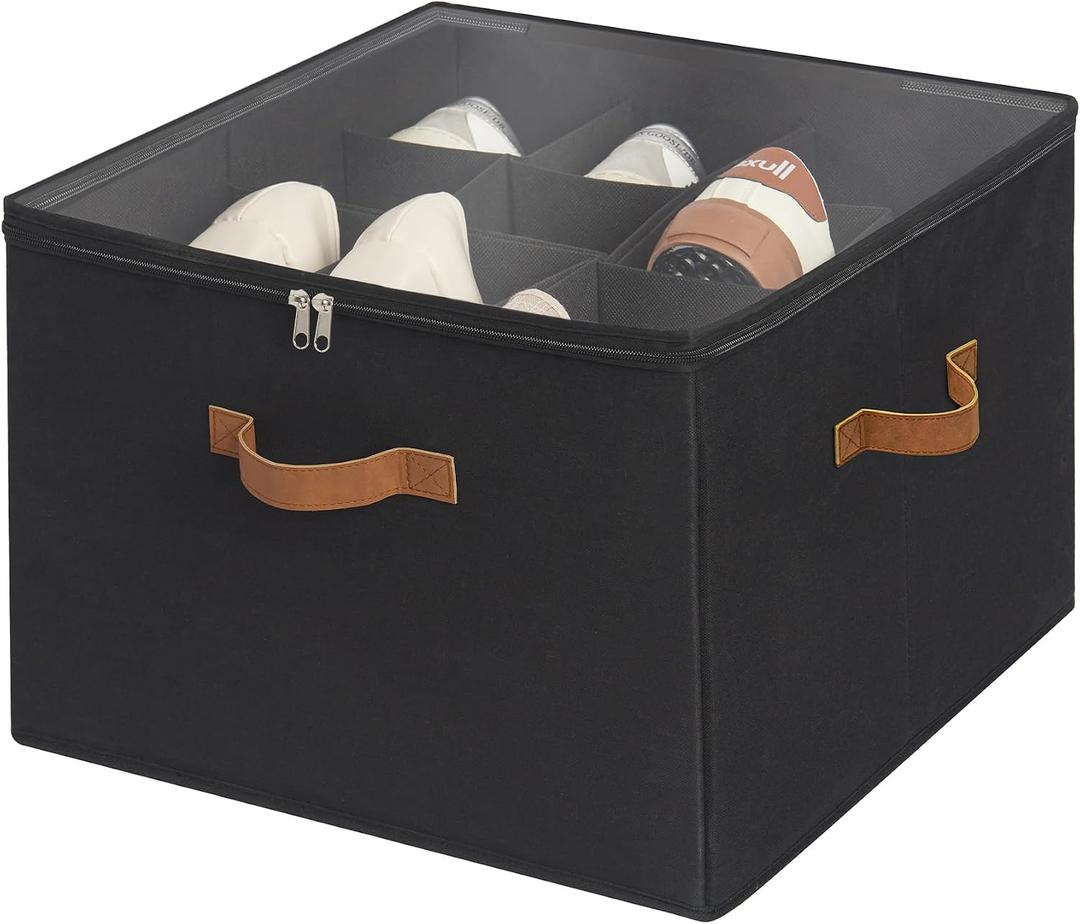 StorageWorks 16-Pair Closet Shoe Organizer with Adjustable Dividers, Black | Holds up to 16 Pairs, Foldable, Clear Lid, Reinforced Handles, Fits Sneakers, Boots & Heels, For Entryway, Bedroom & RV