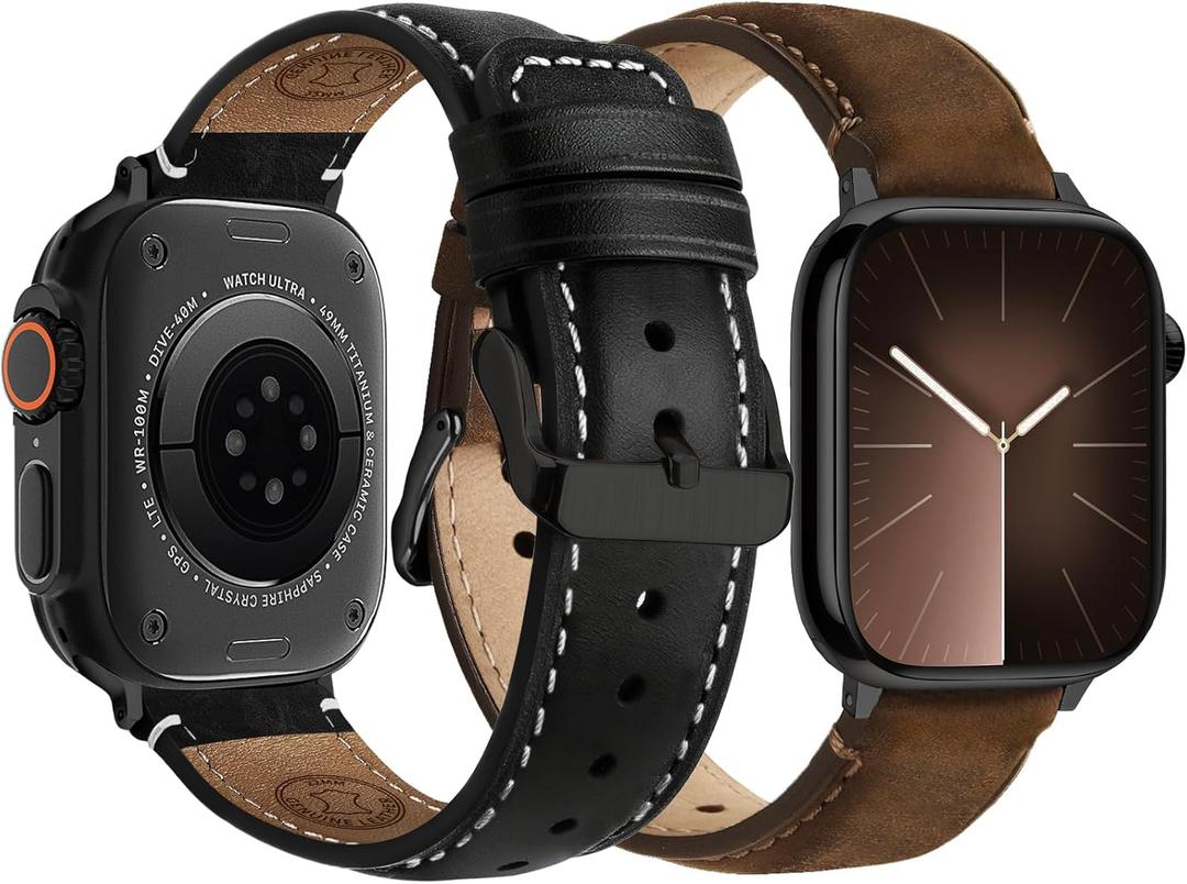 Fullmosa Leather Band Compatible with Apple Watch Bands 49mm 46mm 45mm 44mm 42mm,Top Grain Leather iWatch Straps for Apple Watch Ultra SE Series 11 10 9 8 7 6 5 4 3 2 1,Coffee+Black/Black+Black