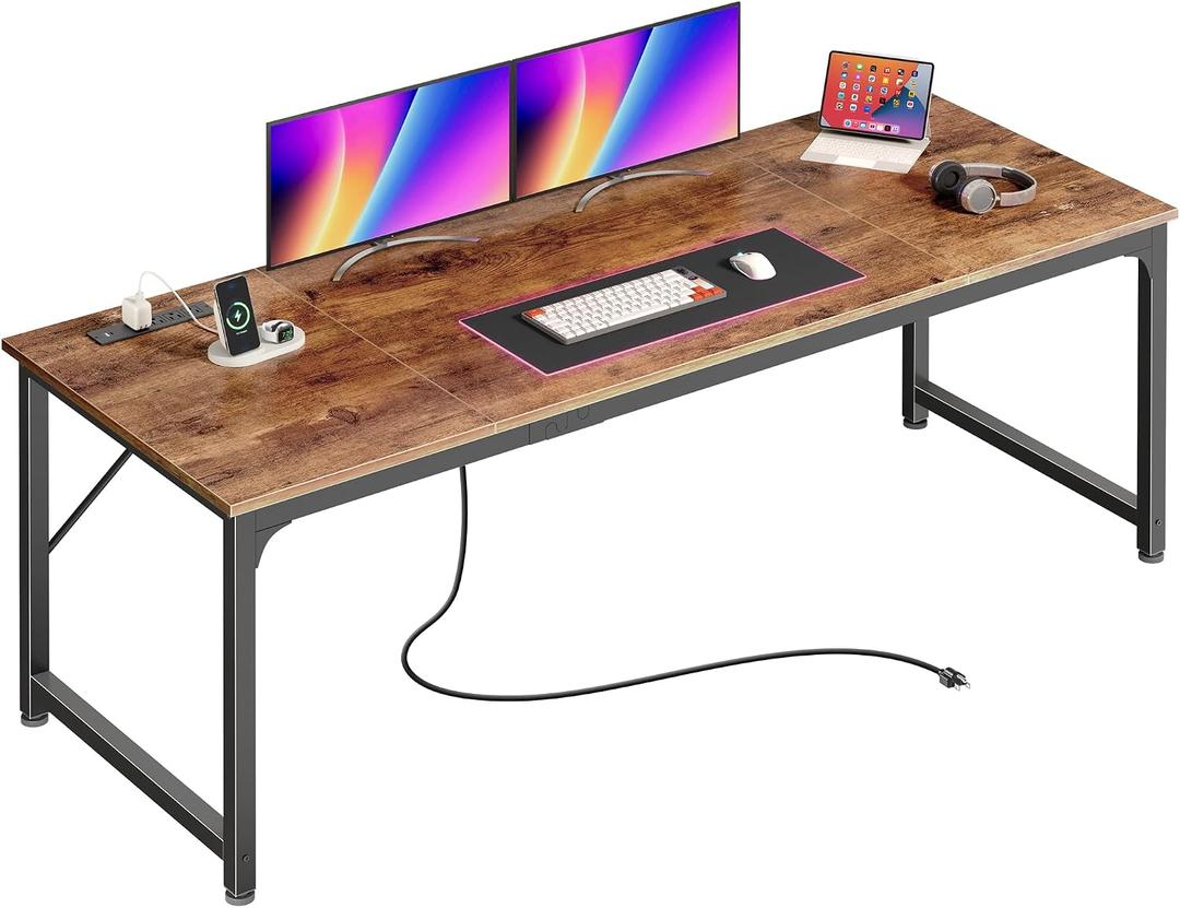 PRAISUN 70 x 24 Inch Computer Desk with Power Outlets & USB-C, Rustic Brown, 71 Inch