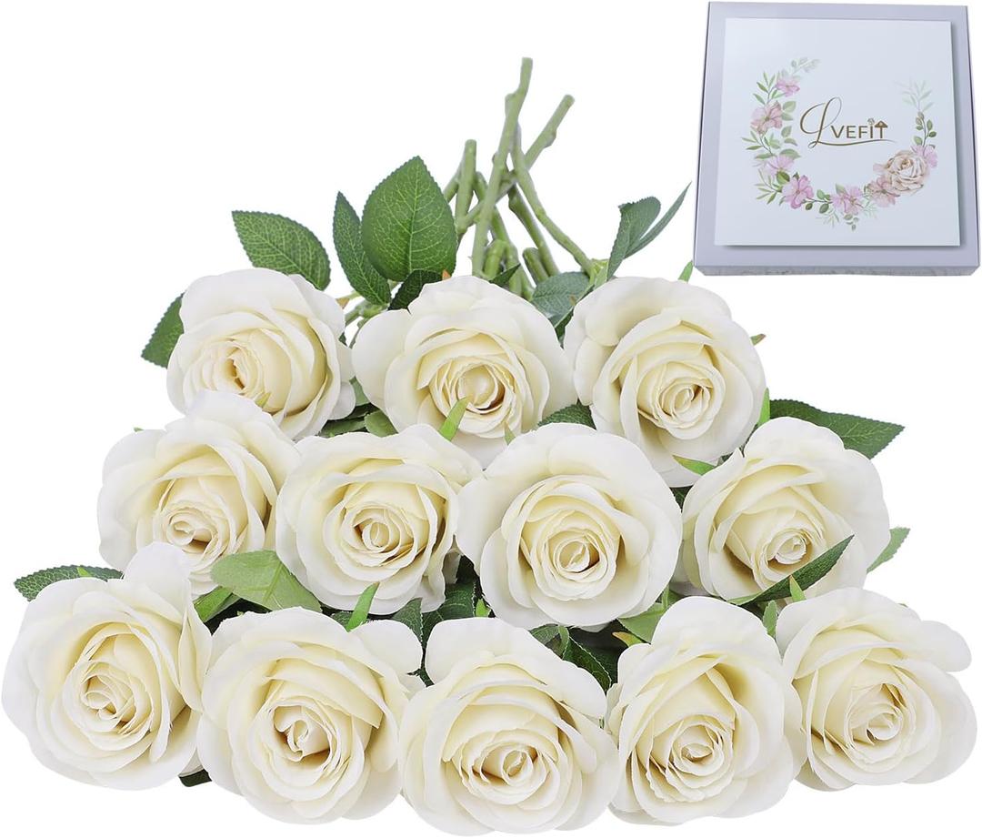 LVEFIT Artificial Rose Flower Artificial Flowers Flower with Long Stem Silk Roses Bouquet for Wedding Bridal Shower Party Home Decoration (Beige, 12 Pcs)