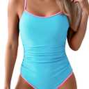 Eomenie Women's One Piece Swimsuit Tummy Control Slimming Bathing Suit Color Block Spaghetti Strap 1 Piece Swim Suit Swimwear (X-Large, Light Blue and Pink)