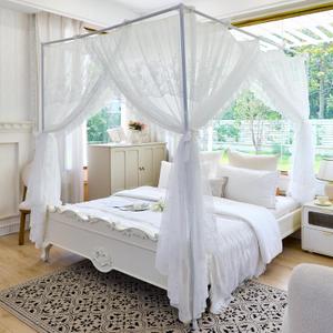 AIKASY Elegant Lace Princess 4-Poster Bed Canopy Mosquito Net - Romantic Wedding Bridal Bedroom Decor, Kids Room Bed Curtain for Women Adults - (White1,King)