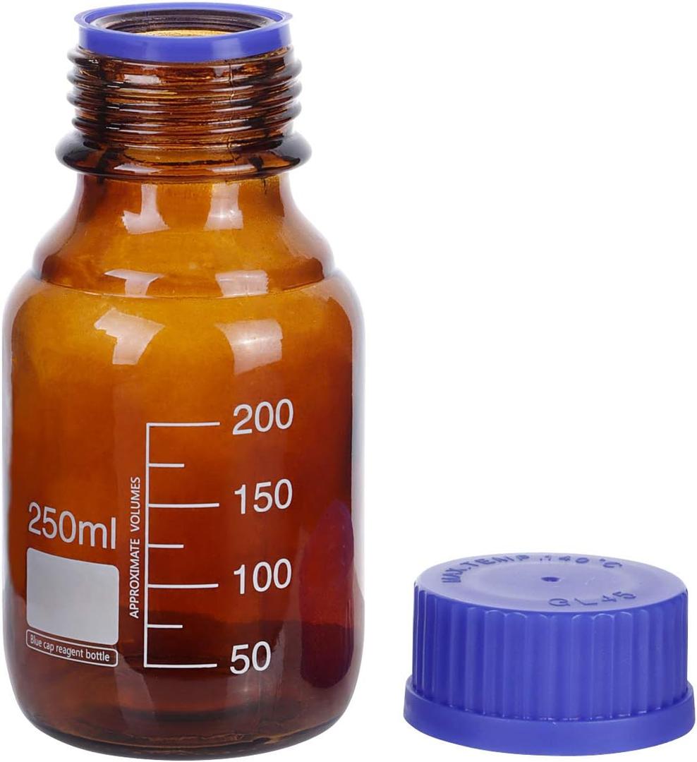 Moonetto 10 Pieces 250ml Amber Borosilicate Glass Graduated Round Lab Reagent Media/Storage Bottle With GL45 Blue Screw Cap