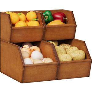 2 Set Bamboo Pantry Storage Bins Wood Stackable Baskets Potato and Onion Storage Bins Fruits Vegetable Bread Organization for Kitchen Counter (Antique White)