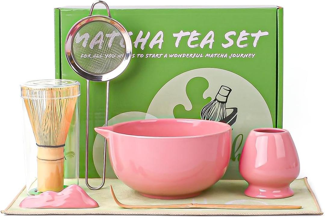 Matcha Whisk Set, 7 Pcs Matcha Kit with Matcha Bowl, Spout, Whisk and Holder, Bamboo Scoop and Stainless Steel Sifter, Japanese Matcha Set for Ceremony, Gift for Matcha Lover, Pink