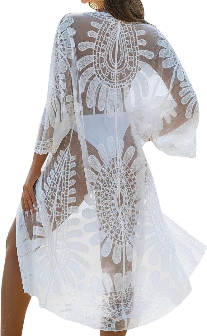 Blooming Jelly Womens Bathing Suit Cover Up 3/4 Sleeve Mesh Swimsuit Coverup Long Floral Beach Lace Kimono Summer Cardigan (One Size, White)